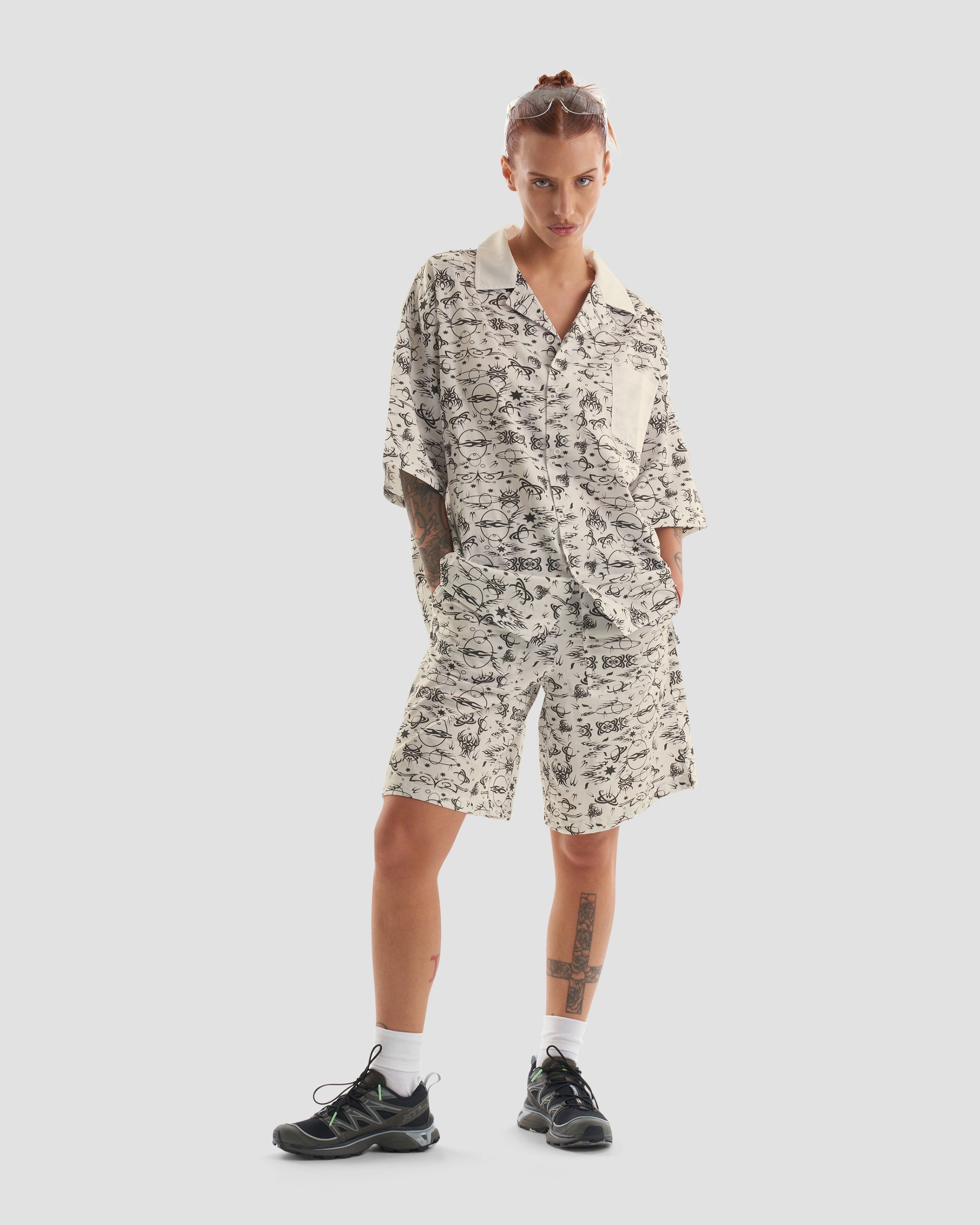 No Regrets Oversized Short Sleeve Shirt with Tattoo Print in Ecru